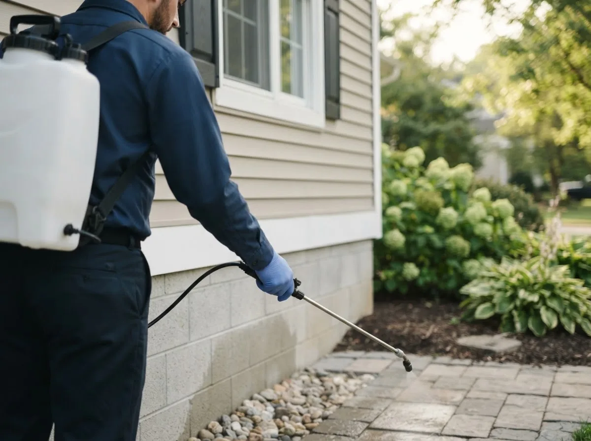 Pest control technician inspecting a home in Harmony, RI